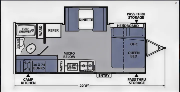 This RV rental floor plan details a 22'8" layout with queen bed, bunks, dinette, full kitchen, and bathroom.. Coachmen Apex Nano 2021