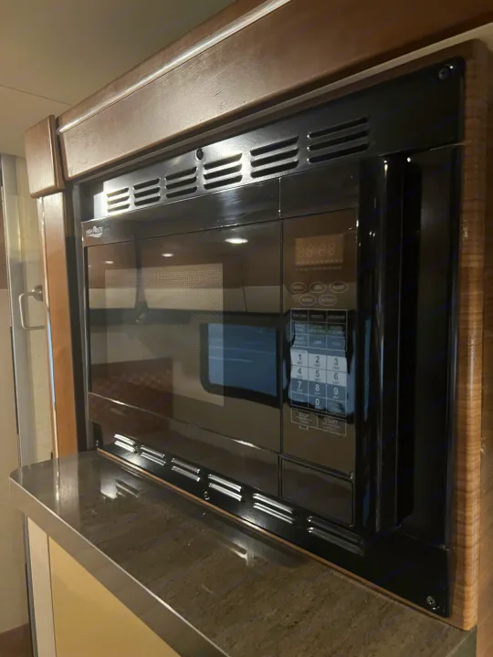 Built-in black microwave oven and a dark, patterned countertop, set within wooden cabinetry in an RV rental.. Winnebago View 2015