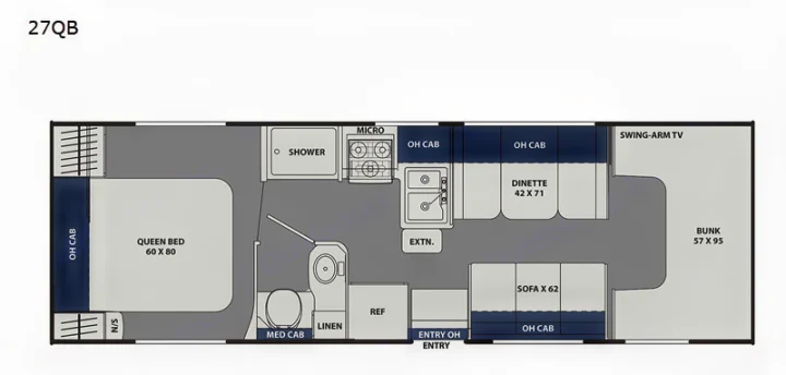 This RV rental floor plan (model 27QB) showcases a queen bed, bunk, dinette, kitchen, and bathroom layout.. Coachmen Freelander 27QB 2020