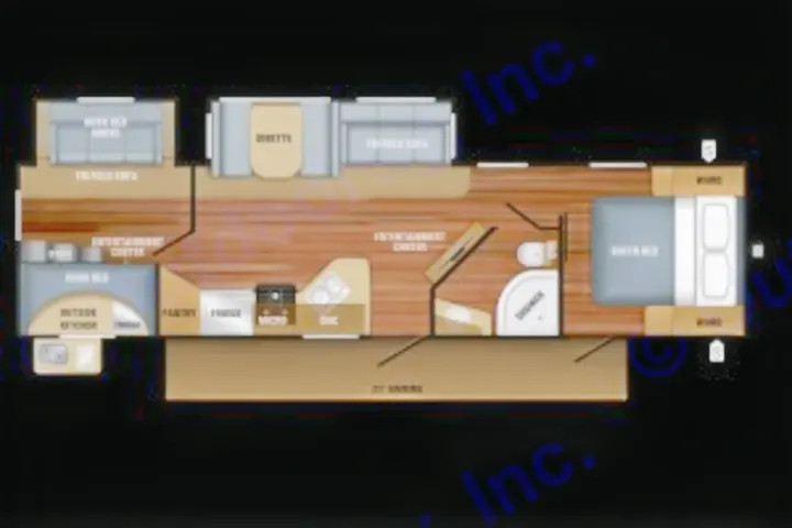 This RV rental floor plan displays a spacious travel trailer interior with kitchen, bath, queen bed, and bunk beds.. Jayco White Hawk 2018