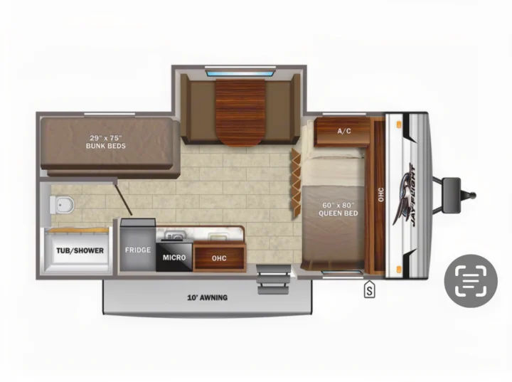 This RV rental floor plan shows a Jay Flight interior layout with bunk beds, a queen bed, kitchen, bath, and dinette.. Jayco Jay Flight 2021