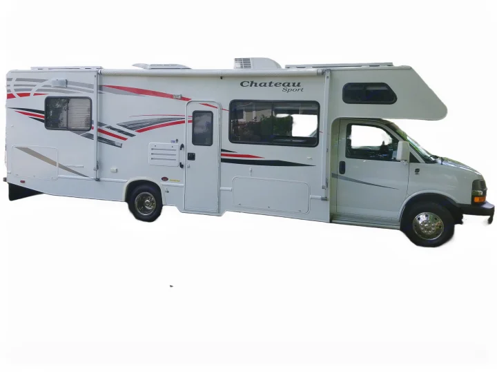 White Chateau Sport Class C RV rental, side view, with red and grey graphics. Ready for your travel adventure.. Four Winds Chateau Sport 2008