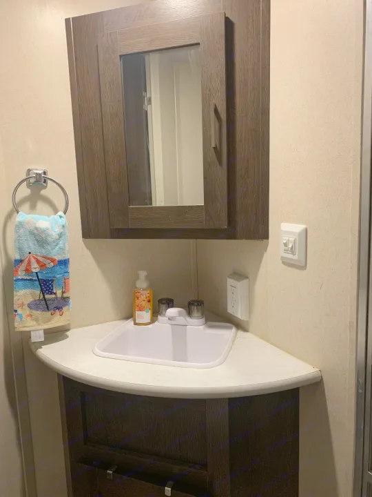 Compact RV rental bathroom featuring a corner sink, mirrored cabinet, a colorful beach-themed towel, and essential amenities.. Forest River Salem Cruise Lite 2018