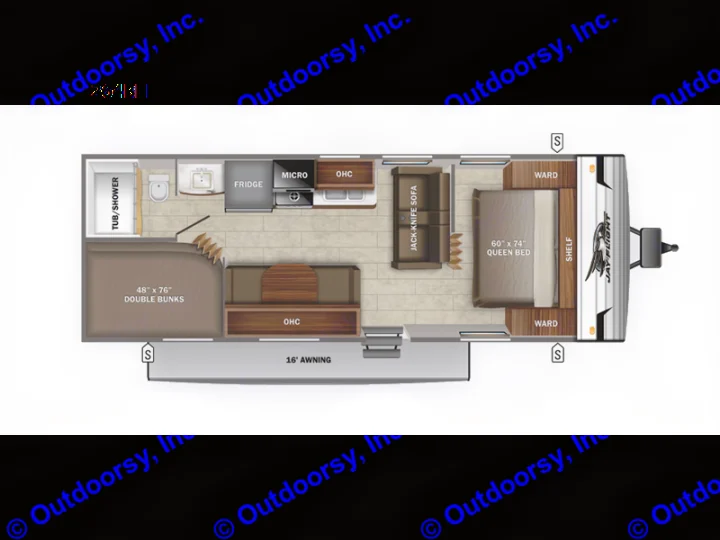 Jay Flight 264BH RV rental floor plan with queen bed, double bunks, full kitchen, and bath. Ideal for family adventures.. Jayco Jay Flight SLX 2022