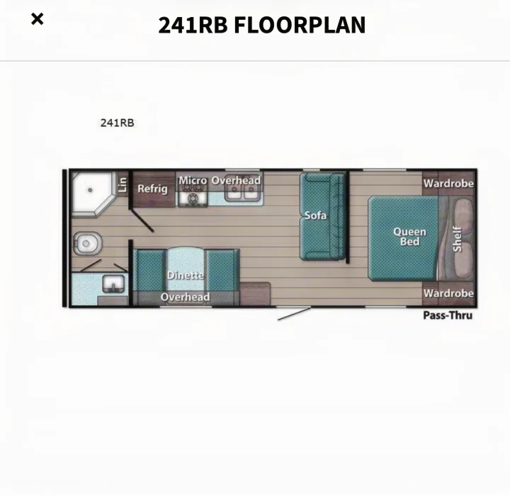 This 241RB RV floorplan details the interior layout, featuring a kitchen, bathroom, dinette, sofa, and queen bed—great for an RV rental.. Gulf Stream Ameri-Lite 2022