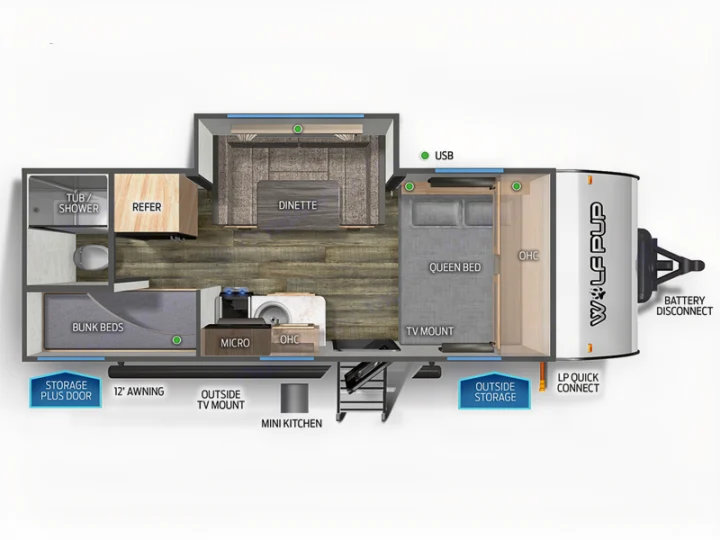 This RV rental floor plan shows a WOLF PUP travel trailer, featuring a queen bed, bunk beds, kitchen, bath, and outdoor amenities.. Forest River Cherokee Wolf Pup 17JGBL 2023
