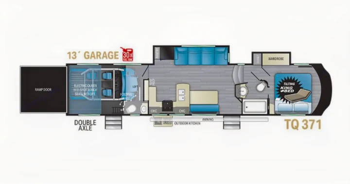 RV rental floor plan shows a spacious toy hauler with a 13' garage, full kitchen, living space, & a tilting king bed.. Heartland Torque 2020