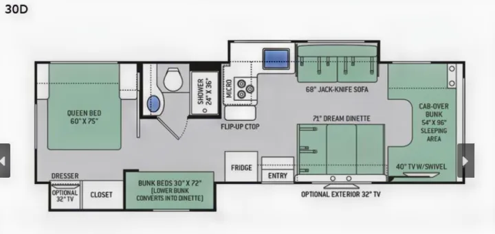 This RV rental floor plan (30D) shows a detailed interior layout with a queen bed, bunk beds, kitchen, bathroom, dinette, and sofa.. Thor Motor Coach Daybreak 30D 2020