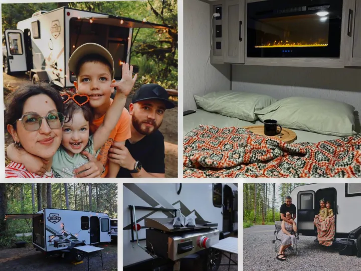 Family enjoying their RV rental, featuring a modern camper, cozy interior with bed & fireplace, and outdoor cooking setup.. Dutchmen Coleman Rubicon 2023