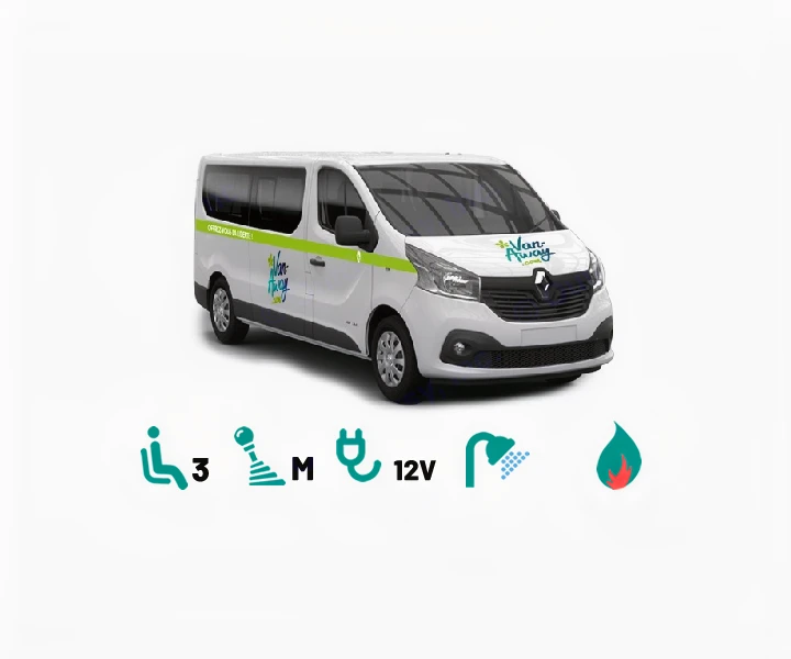 White Van-Away rv rental with icons: 3 sleepers, manual, 12V power, shower, and heating.. Renault Traifc + aménagement NW Van Mania 2019