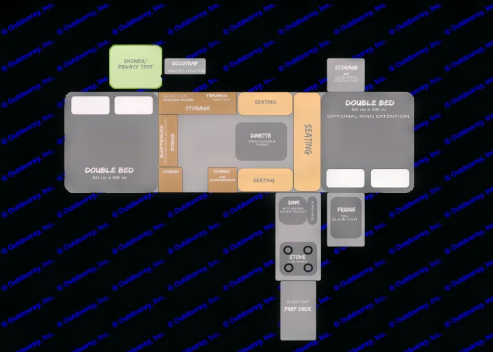 Explore this RV rental's detailed floor plan: beds, kitchen, dinette, storage, and key amenities.. Opus OP4 2023