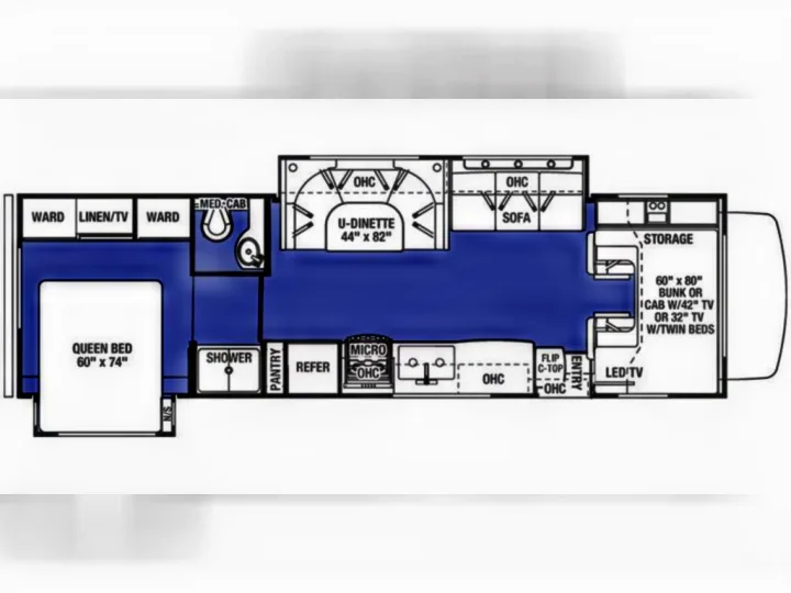 RV rental floor plan details, showcasing a queen bed, U-dinette, sofa, bunks, and full kitchen amenities for your next trip.. Forest River Sunseeker 2016