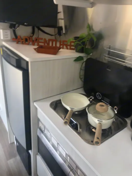 An RV rental kitchen shows a compact sink area with white pots and a plant on the counter. Below is an appliance.. Airstream Sport 2019