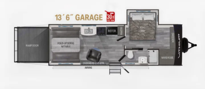 Explore this rv rental's toy hauler floor plan featuring a 13'6" garage, king bed, kitchen, and bath. Perfect for outdoor gear.. Heartland Lithium 2515S 2022