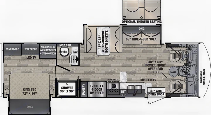 RV rental floor plan: King bed, full kitchen, bathroom, dinette, and living room with optional seating. Plan your spacious motorhome trip!. Forest River FR3 30DS 2023