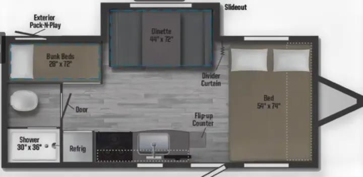 RV rental floor plan. This compact interior layout features a bed, dinette slideout, bunk beds, kitchen, and shower.. Winnebago Micro Minnie FLX 2100BH 2022