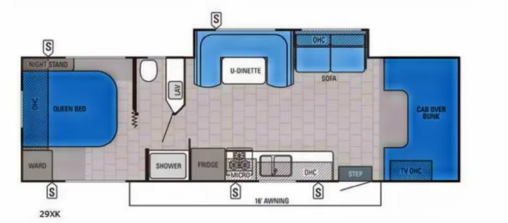 This RV rental floor plan for the 29XK model features a queen bed, U-dinette, sofa, cab-over bunk, full kitchen, and bath.. Jayco Redhawk 2015
