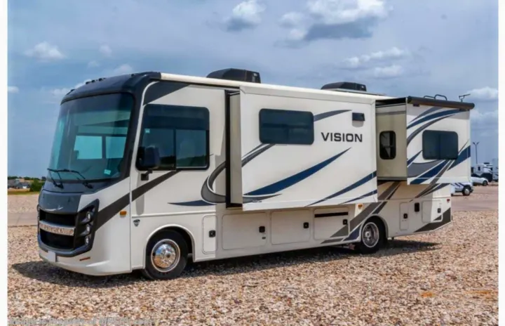 The Vision Class A RV rental, featuring expanded slide-outs for extra space, awaits your next travel adventure on the open road.. Entegra Coach Vision 2021