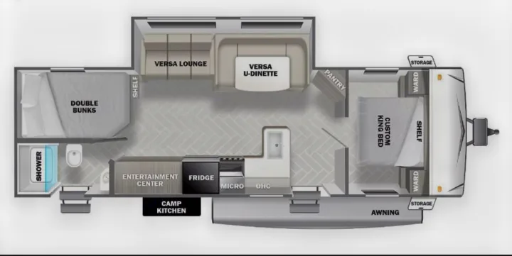 RV rental floorplan showing a custom king bed, double bunks, Versa lounge, kitchen, and bathroom layout.. Forest River Wildwood 2021