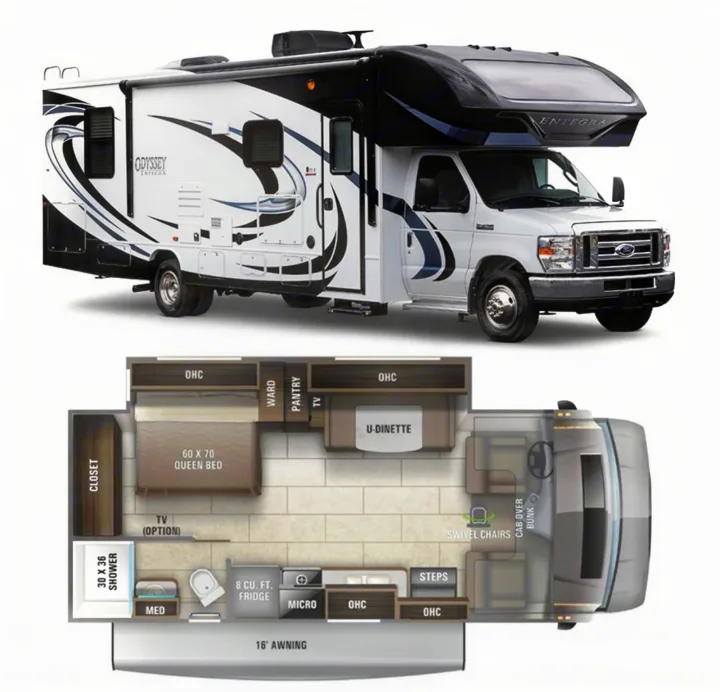 Odyssey Entegra Class C RV rental: see its exterior & detailed floor plan with queen bed, shower, and dinette.. Entegra Coach Odyssey 2021