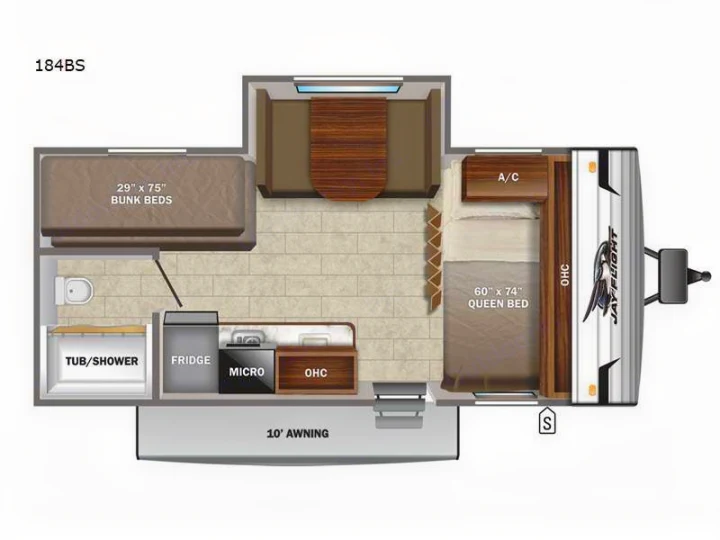 RV rental 184BS travel trailer floor plan. Features queen bed, bunk beds, kitchen, bath, and 10' awning for your trip.. Jayco Jay Flight SLX STX Edition 2023