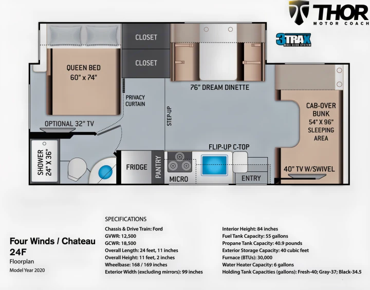 RV rental floorplan (Thor Four Winds / Chateau 24F) with detailed interior layout, dimensions, and specifications.. Thor Chateau 2020