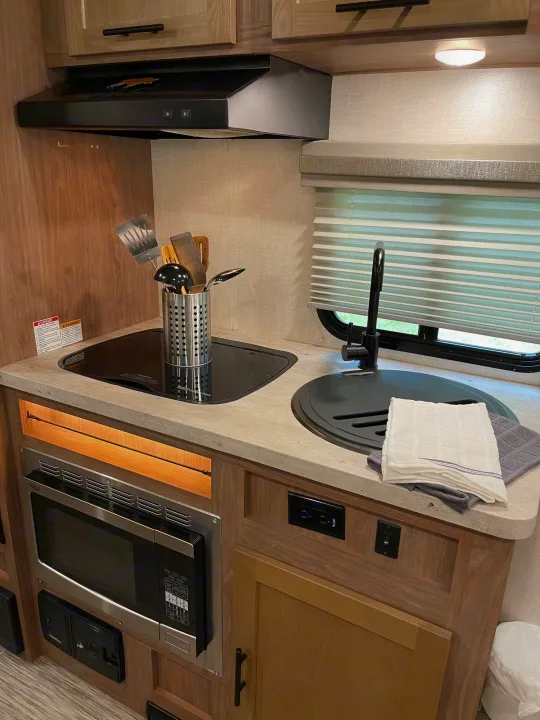 Modern RV rental kitchen showcasing an induction cooktop, compact sink, microwave, and range hood. All essentials for travel.. Forest River No Boundary 2020