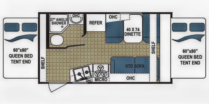 RV rental floor plan: Dual queen beds, dinette, sofa, kitchen (refer, micro), & bathroom (shower) layout for travel.. Dutchmen Kodiak Express 2017