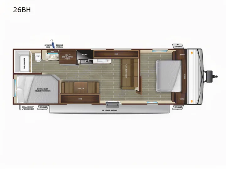 26BH RV rental floor plan: double bunk beds, dinette, bathroom, kitchen, jack-knife sofa, and 19' power awning.. Starcraft Autumn Ridge 2022