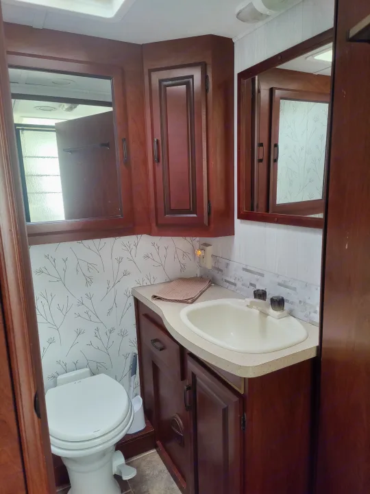 Inside an RV rental, a bathroom with dark wood cabinetry, a white sink, toilet, and botanical wallpaper.. Forest River Sunseeker 2012