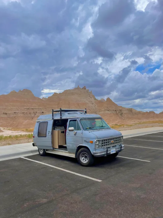 The badlands in South Dakota . Chevrolet G20 1981