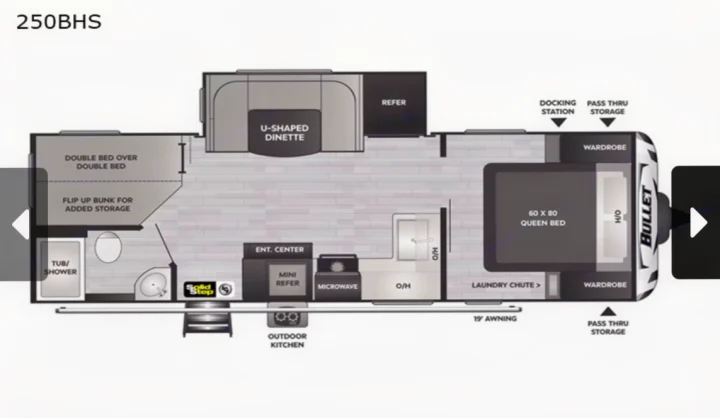 RV rental floor plan: 250BHS travel trailer with queen bed, double bunks, U-shaped dinette, kitchen & bath.. Keystone RV Bullet Ultra Lite 2022