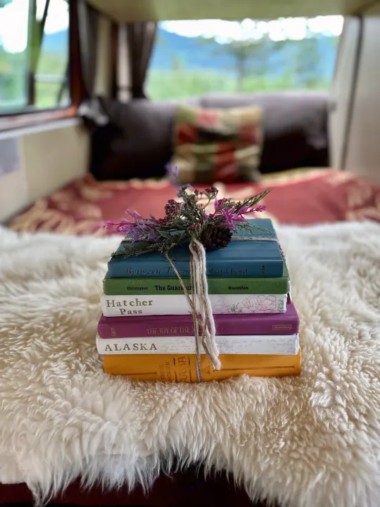Cozy RV rental: A stack of colorful travel books, adorned with flowers and twine, rests on a fluffy white rug, with a blurred mountain view outside.. Volkswagen Westfalia 1984