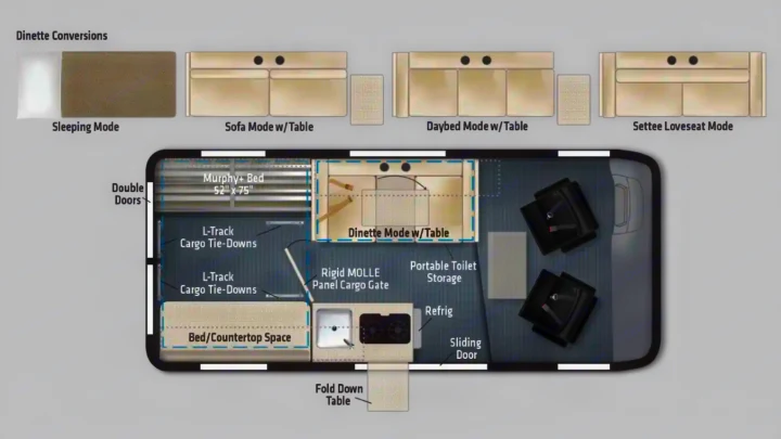 RV rental floor plan: Flexible interior with convertible dinette, Murphy bed, kitchen, and ample storage for adaptable camping.. Winnebago Solis Pocket 2022