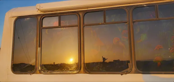 An RV's windows display psychedelic art, vividly reflecting a sunset and a shaka sign silhouette. Explore with this RV rental!. Ford E450 2000