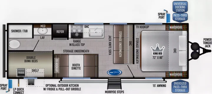 RV rental travel trailer floor plan detailing interior layout: king bed, bunks, kitchen, bath, & storage for camping.. East to West Della Terra 2023