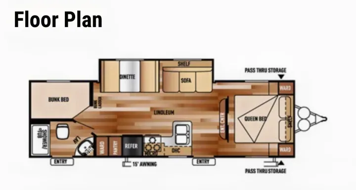 Detailed RV rental floor plan with queen and bunk beds, full kitchen, bath, dinette, and sofa.. Forest River Wildwood X-Lite 2015