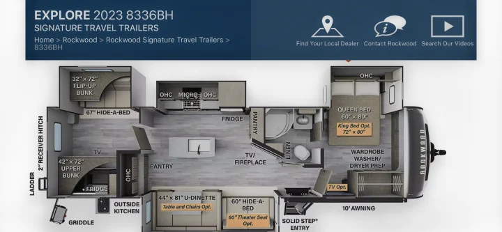 Detailed floor plan of a Rockwood Explore 8336BH Signature travel trailer, ideal for an RV rental, showing interior layout.. Forest River Rockwood Signature 2023
