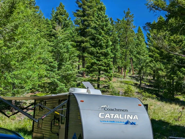 Coachmen Catalina RV rental parked in a sunny forest campsite, awning extended. Tall green trees fill the background under a blue sky.. Coachmen Catalina Summit 184BHS 2022