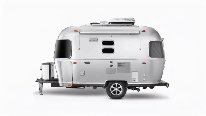 A modern, silver recreational travel trailer, often sought for rv rental, featuring distinctive oval windows and roof AC.. Airstream Caravel 2020