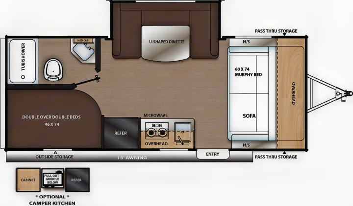 This RV rental floor plan details sleeping, dining, kitchen, and bath areas, plus outdoor features like an awning.. Coachmen Catalina Summit 184BHS 2022