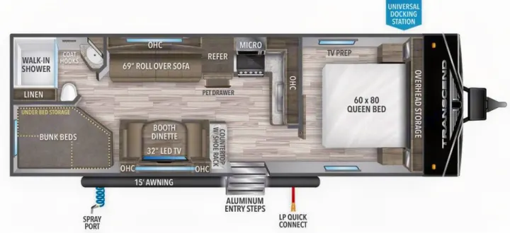 This RV rental floor plan features a queen bed, bunk beds, kitchen, bathroom, and dinette layout.. Grand Design Transcend Xplor 2020