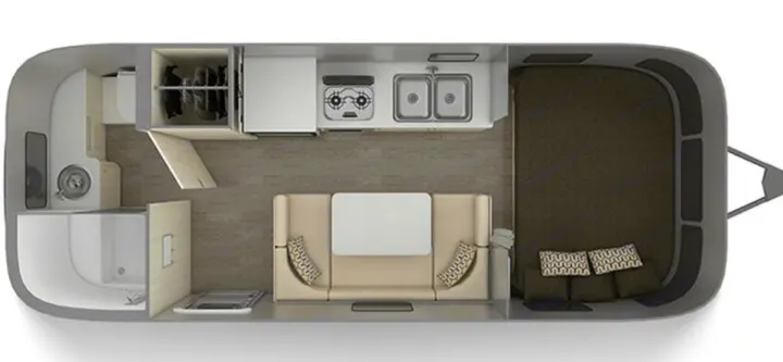 This rv rental floor plan shows a modern interior with kitchen, bedroom, bathroom, and living area in a top-down view.. Airstream Sport 2019