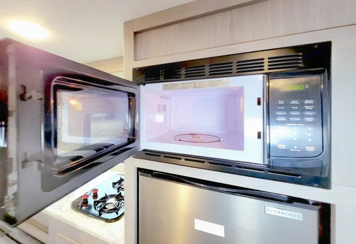 Explore the functional rv rental kitchen: open microwave, dual-burner cooktop, and Everchill refrigerator.. Coleman Lantern 2023