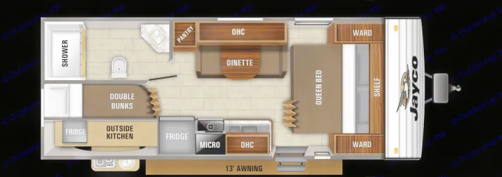 RV rental: Detailed Jayco travel trailer floorplan with queen bed, bunks, dinette, inside/outside kitchens, shower, and awning.. Jayco Jay Flight SLX 2019