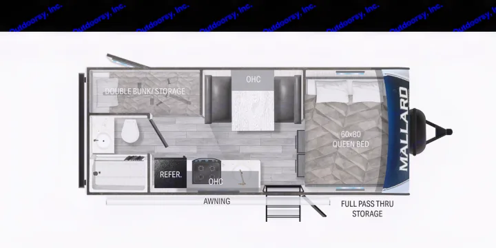 Overhead view of an RV rental's floor plan, featuring a queen bed, bunk storage, kitchen, and living space.. Heartland RVs Mallard Pathfinder 2021