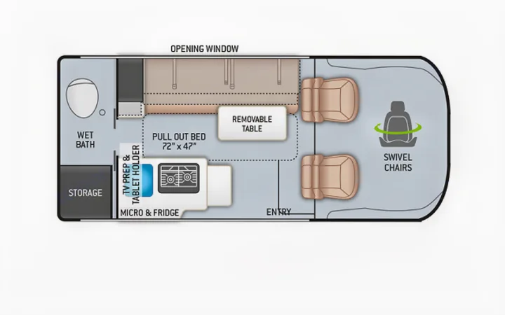This rv rental floor plan highlights a wet bath, 72"x47" pull-out bed, micro & fridge, removable table, and swivel chairs.. Thor Motor Coach Rize 2023