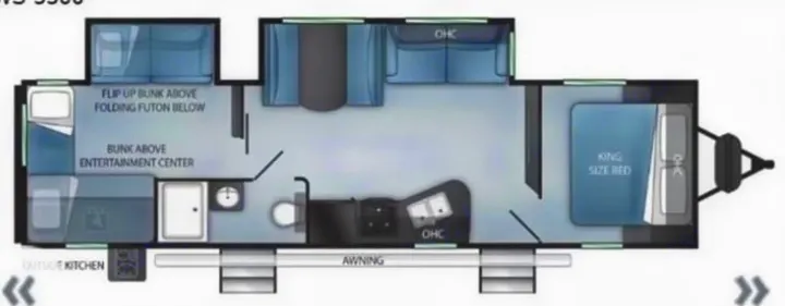 RV rental floor plan with king bed, bunks, futon, inside & outside kitchen, and bath layout shown.. Cruiser Rv Corp Twilight 2021
