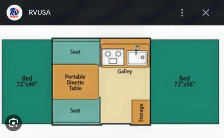 Detailed RV rental floor plan shows camper layout with beds (72"x40", 72"x56"), galley, dinette, and storage.. Coleman Taos 2003