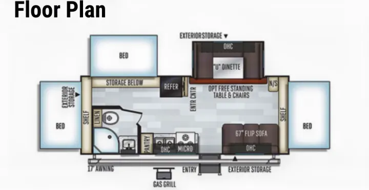RV rental travel trailer floor plan: Detailed interior layout showing beds, kitchen, dinette, bath, & storage.. Forest River Rockwood Roo 2019